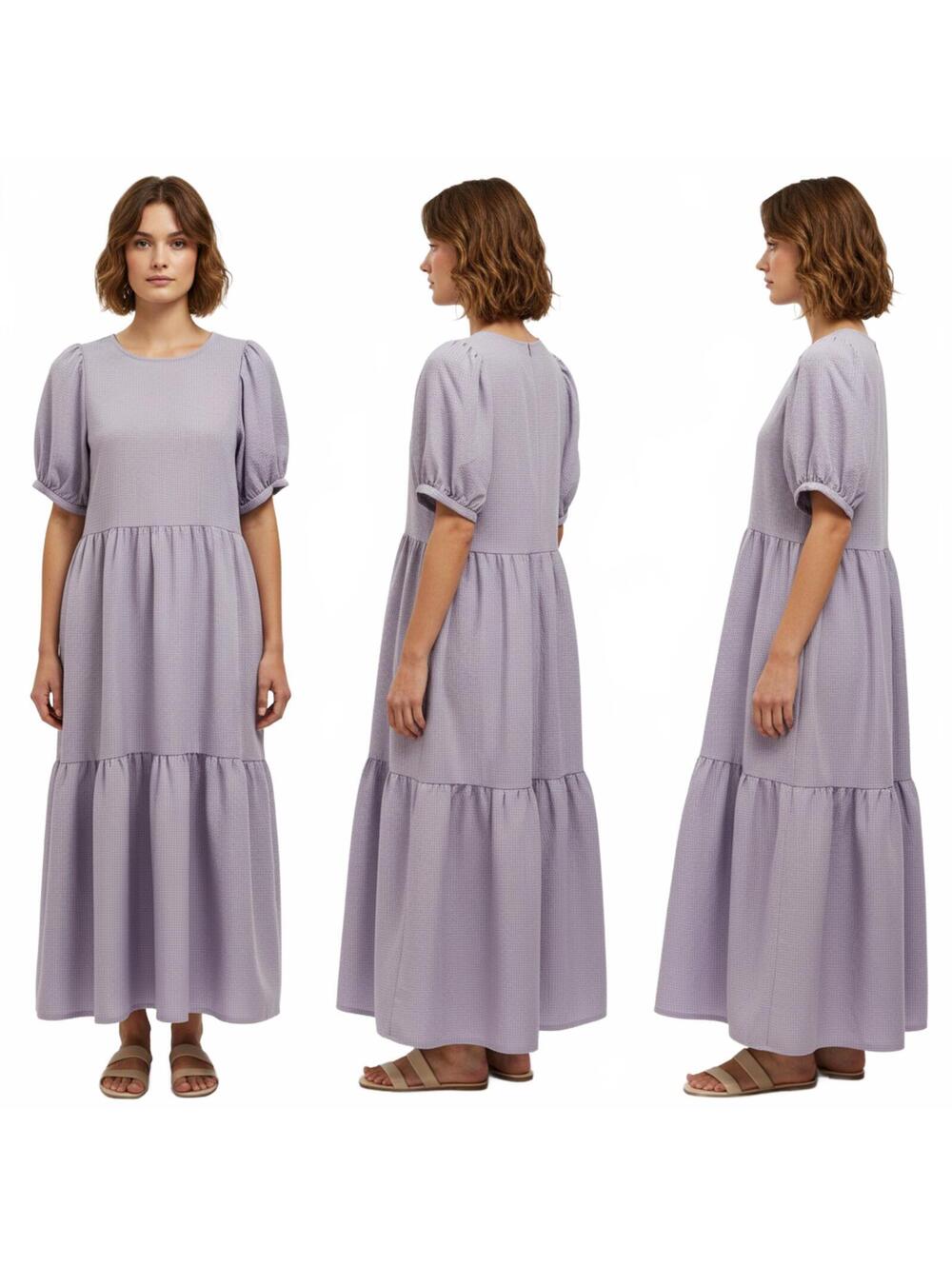 Maisie Gingham Maxi Dress Tiered Puff Sleeve Casual XS